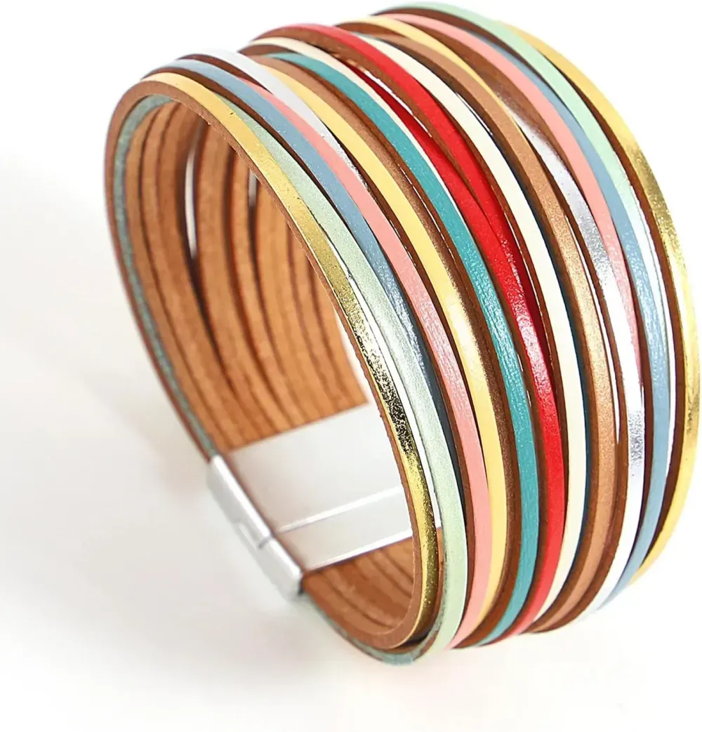 Fesciory Leather Wrap Bracelets for Women, Boho Leopard Multi-Layer Crystal Beads Cuff Bracelet Jewelry