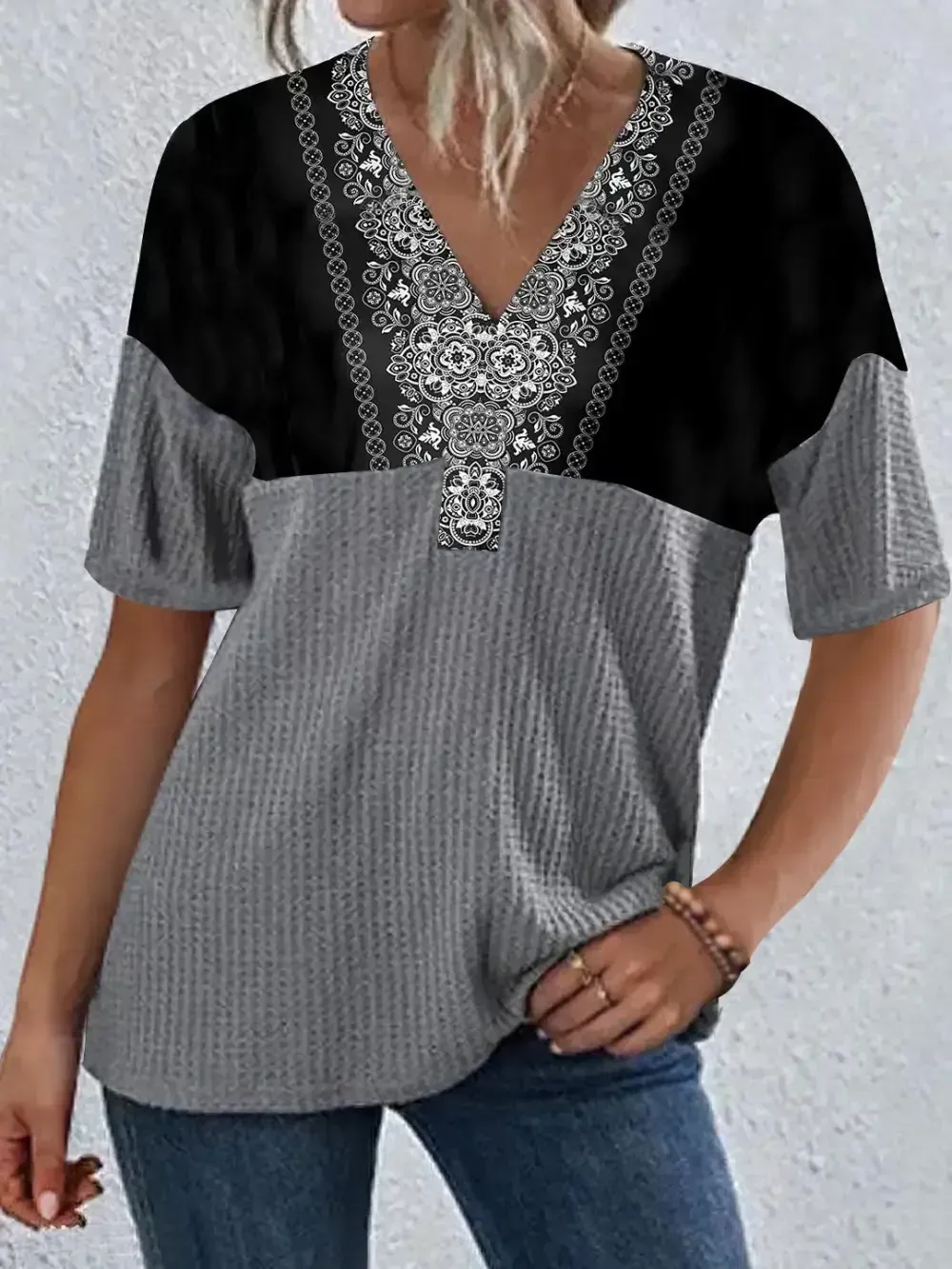 Women's Stitching Colorblock Printed Short Sleeve V-neck Top