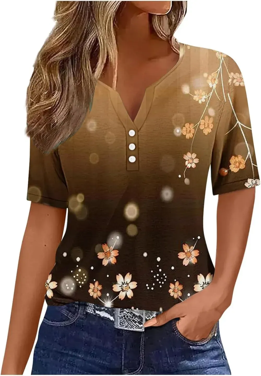 Shirts for Women Casual Printed Summer Tops Short-Sleeved Button V-Neck Tops Blouse Fashion Boho T-Shirts