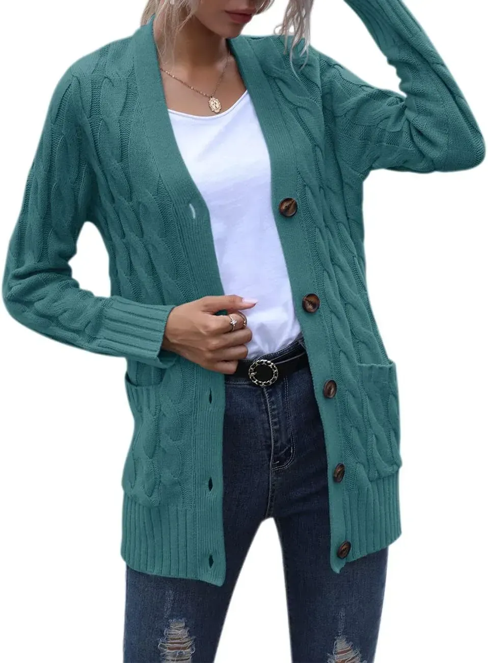 MEROKEETY Women's 2024 Fall Long Sleeve Cable Knit Sweater Open Front Cardigan Button Loose Outerwear