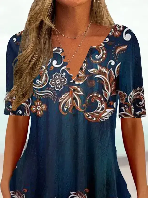 Women Half Sleeve V-neck Floral Printed Tops