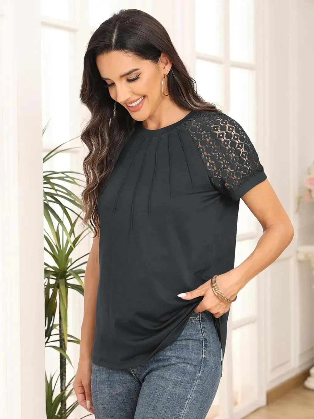 AUTOMET Womens Tshirts Trendy Fashion Tops Lace Short Sleeve Business Tee Shirts Casual Knitted Blouses Summer Outfits 2024