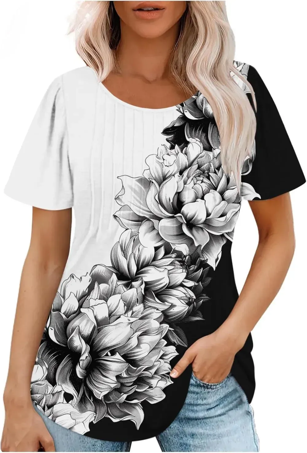 Womens Summer Pleated Front Shirts Tunics Casual Short Sleeved Loose Round Neck Boho Printed Tops Vacation Blouse