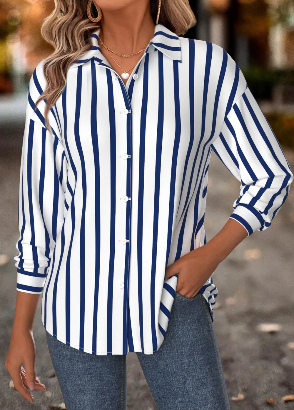 Navy Tummy Coverage Striped Long Sleeve Shirt