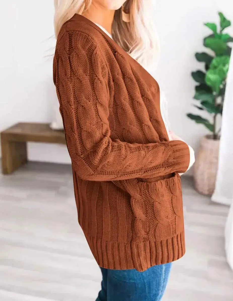 MEROKEETY Women's 2024 Fall Long Sleeve Cable Knit Sweater Open Front Cardigan Button Loose Outerwear