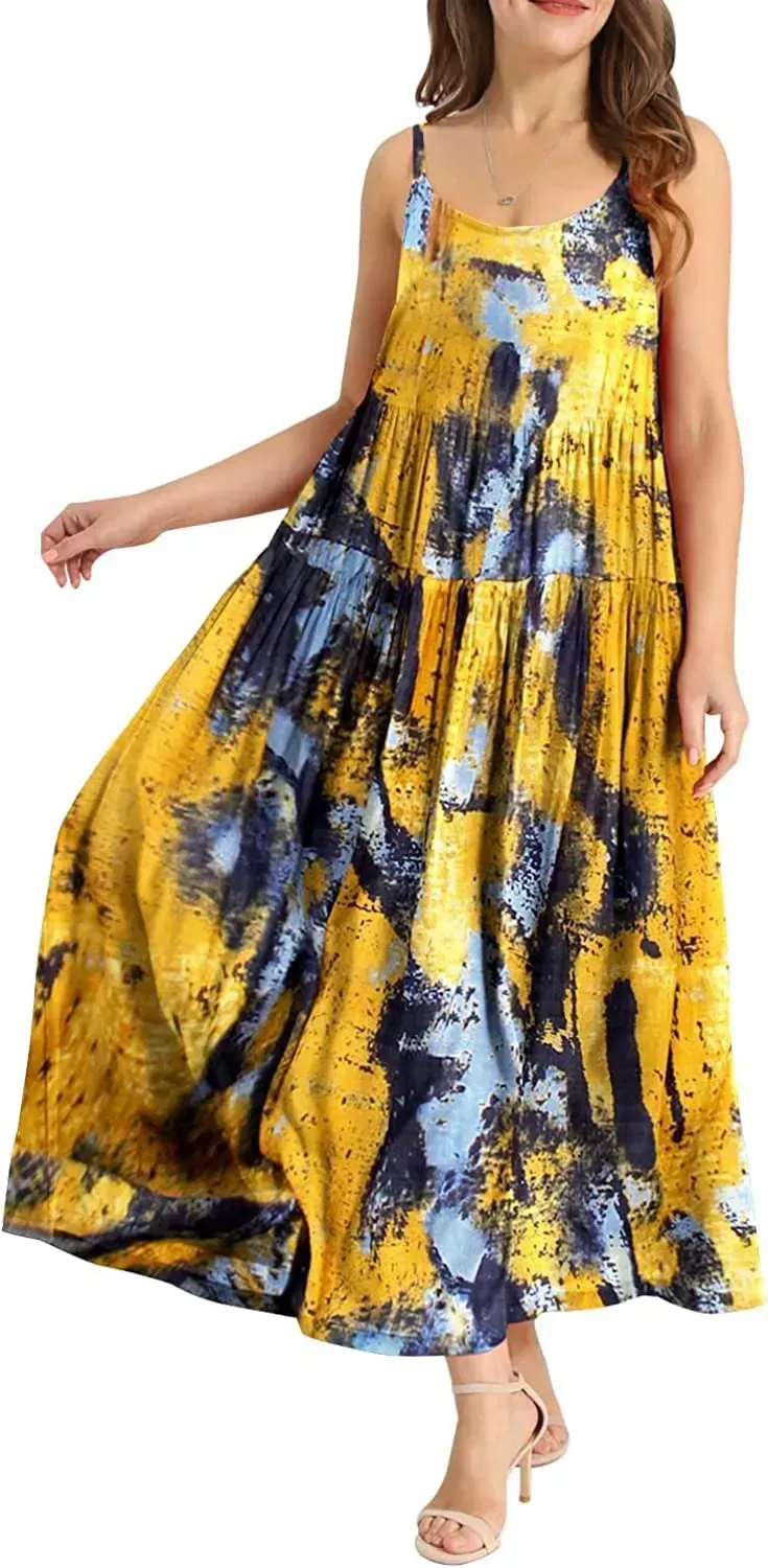 Summer Dresses for Women Casual Loose Bohemian Floral Dress with Pockets Spaghetti Strap Maxi Dress E75