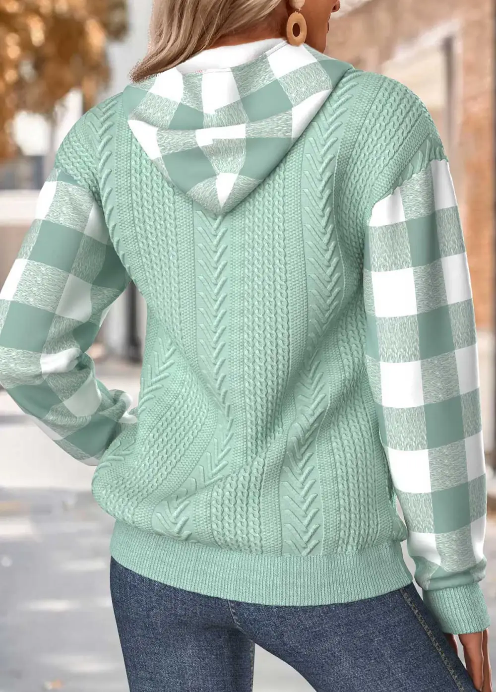Sage Green Tummy Coverage Plaid Long Sleeve Hoodie