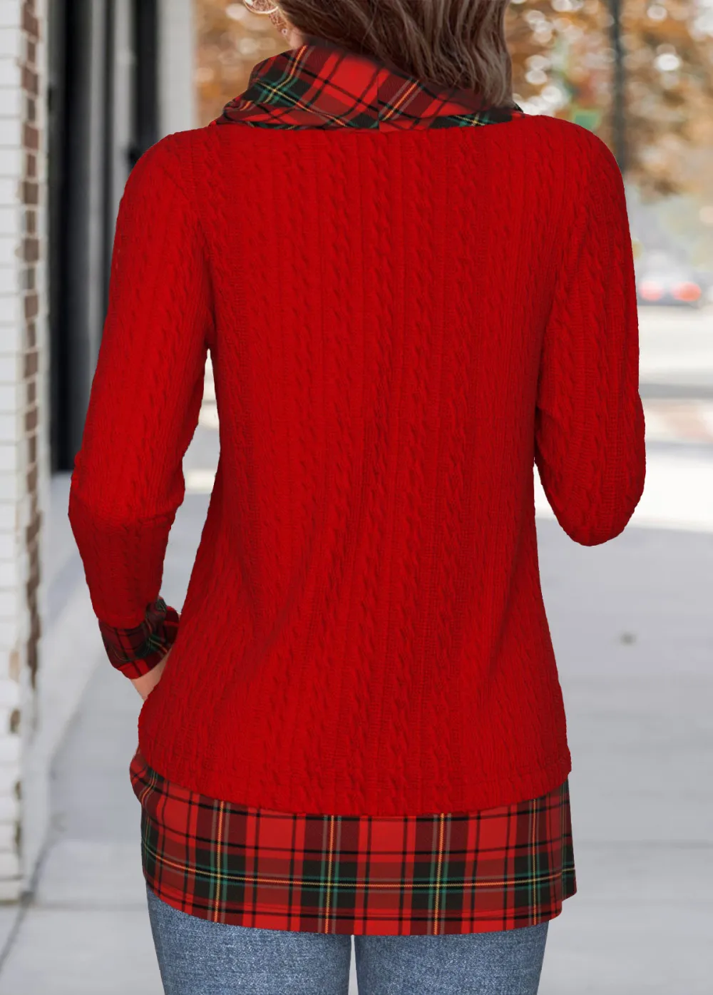 Christmas Red Patchwork Plaid Long Sleeve Cowl Neck Sweatshirt