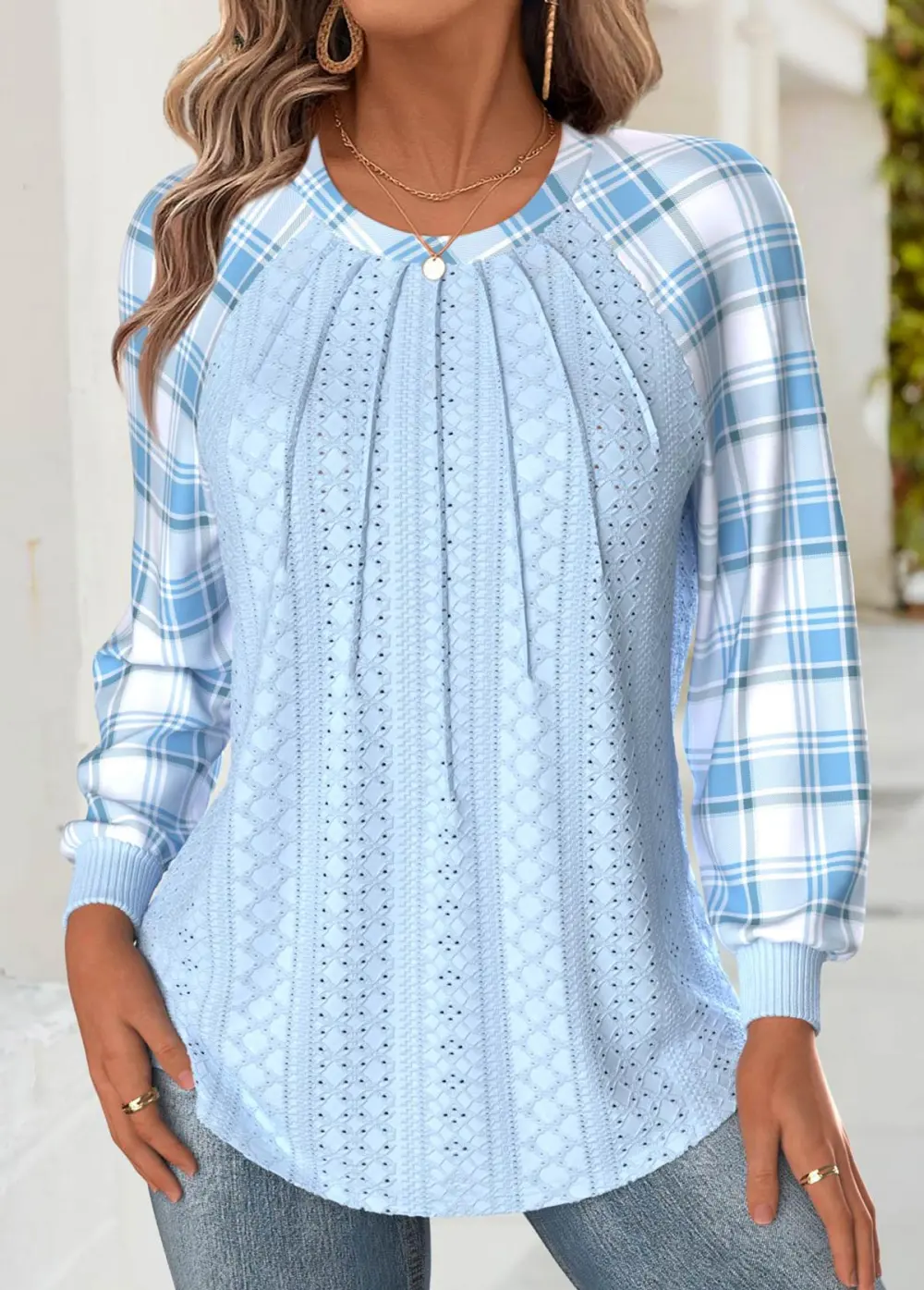 Light Blue Tummy Coverage Plaid Long Sleeve Sweatshirt