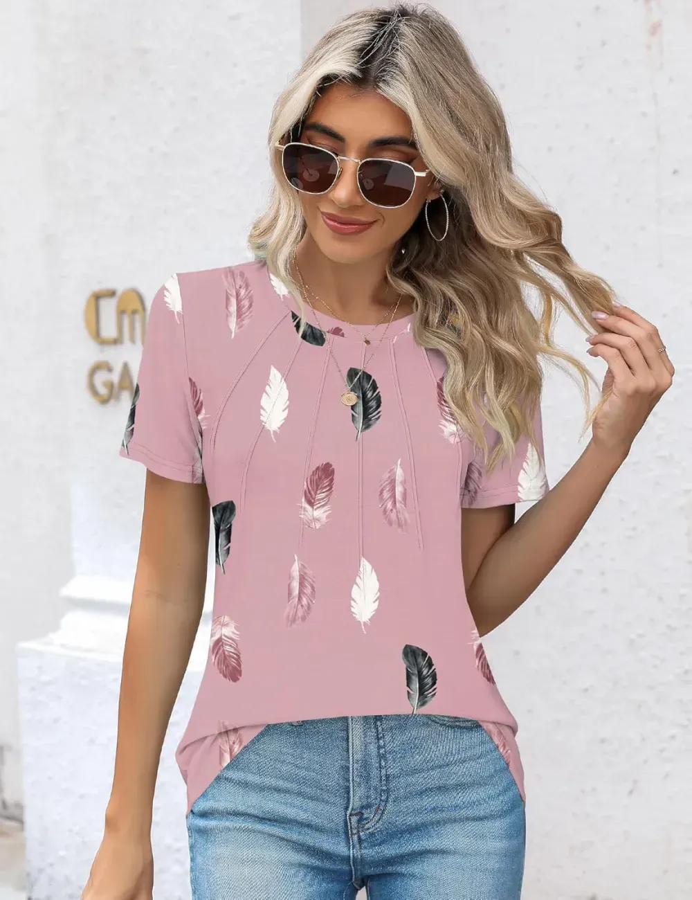 Kistore Womens Casual Crew Neck Short Sleeve Pleated Tops Blouses Fashion Clothes 2024