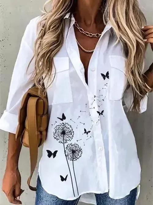 Women Long Sleeve Stand-up Collar Printed Graphic Top