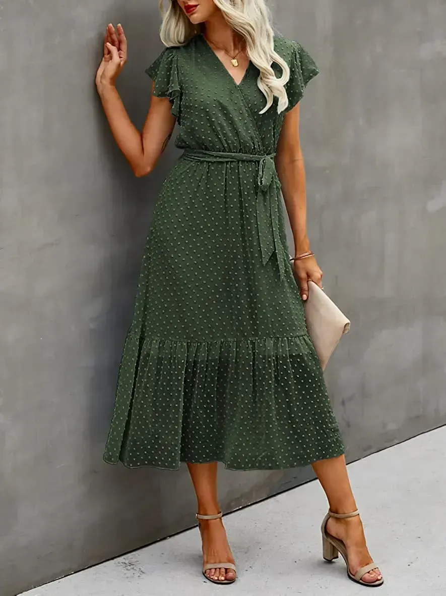 Women Summer Bohemian Floral Casual Wrap V Neck Ruffle Cap Sleeveless Belt A-Line Pleated Hem Swing Midi Sun Dress