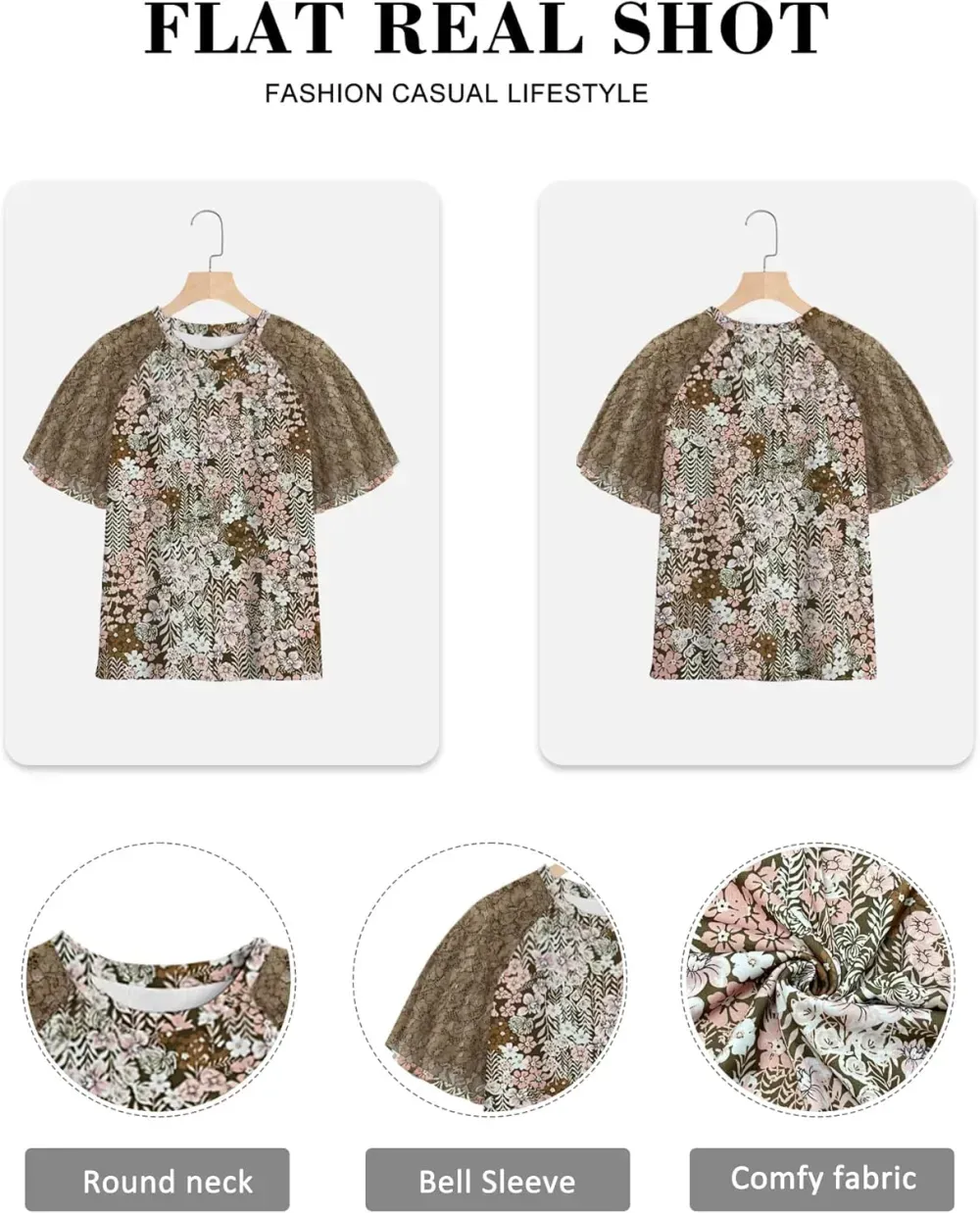 HDLTE Womens Plus Size Tops Floral Bell Sleeves Blouses Summer Crewneck Tunic Loose Casual T Shirts