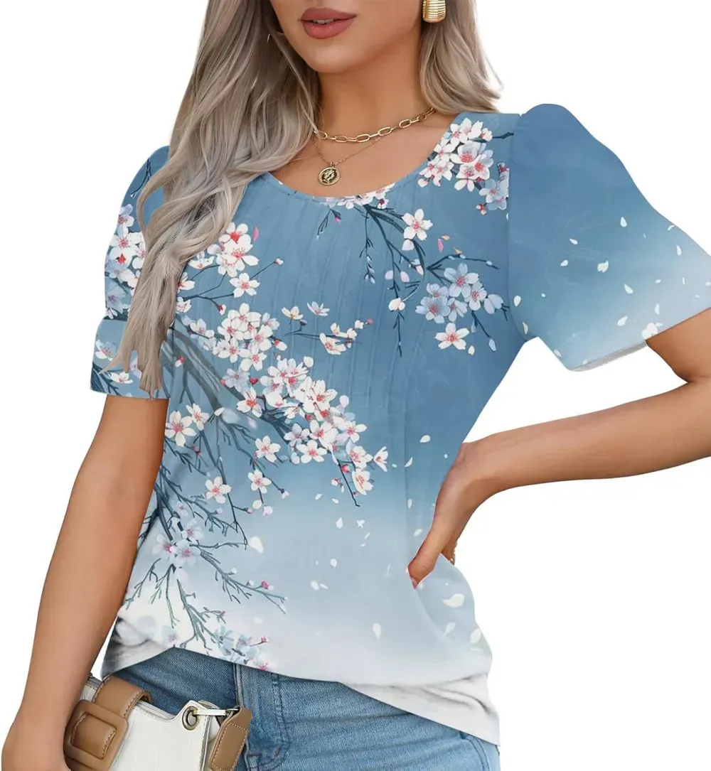 Womens Summer Pleated Front Shirts Tunics Casual Short Sleeved Loose Round Neck Boho Printed Tops Vacation Blouse