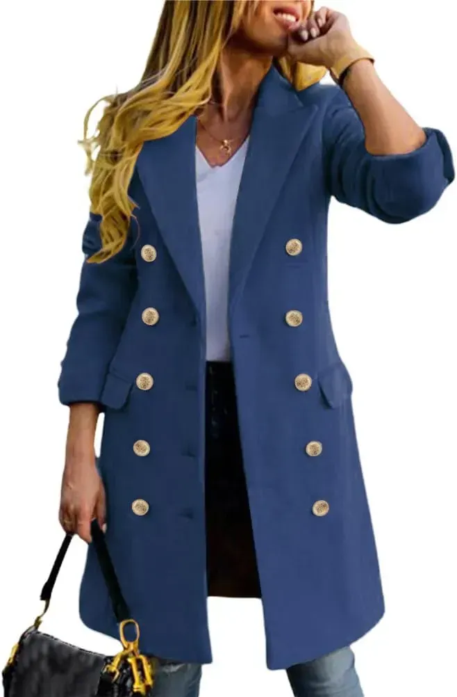 Womens Fall Winter Wool Coats Double Breasted Midi Peacoat Trench Coats