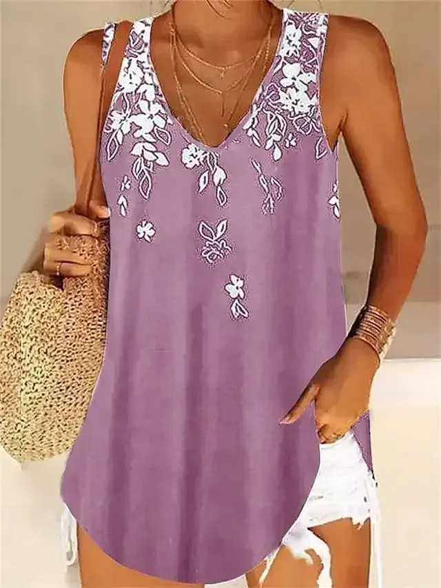 Women's Tank Top Camis Pink Blue Sky Blue Floral Print Sleeveless Casual V Neck Regular Floral S