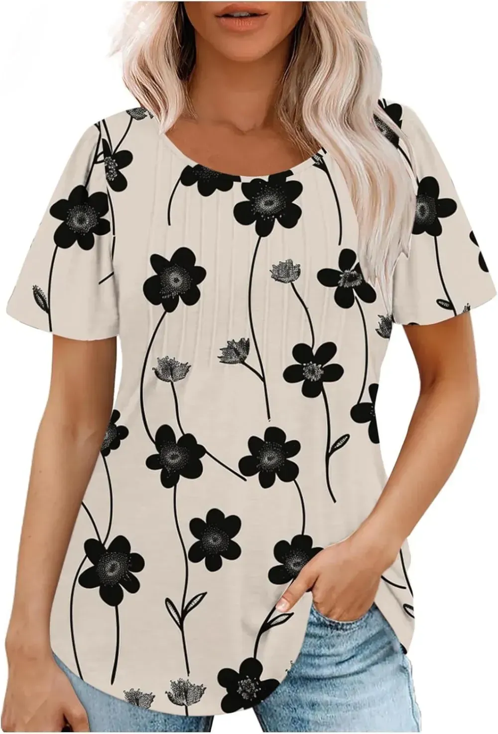 Womens Summer Pleated Front Shirts Tunics Casual Short Sleeved Loose Round Neck Boho Printed Tops Vacation Blouse