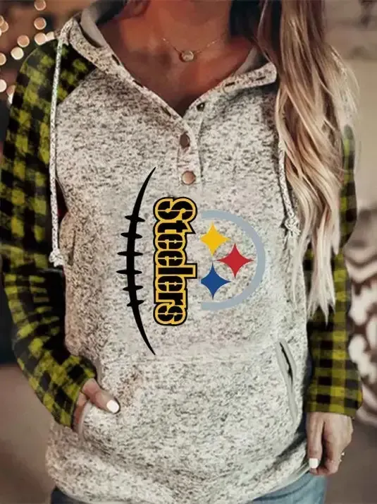 Women Long Sleeve Hooded Plaid Printed Sweatshirts Top