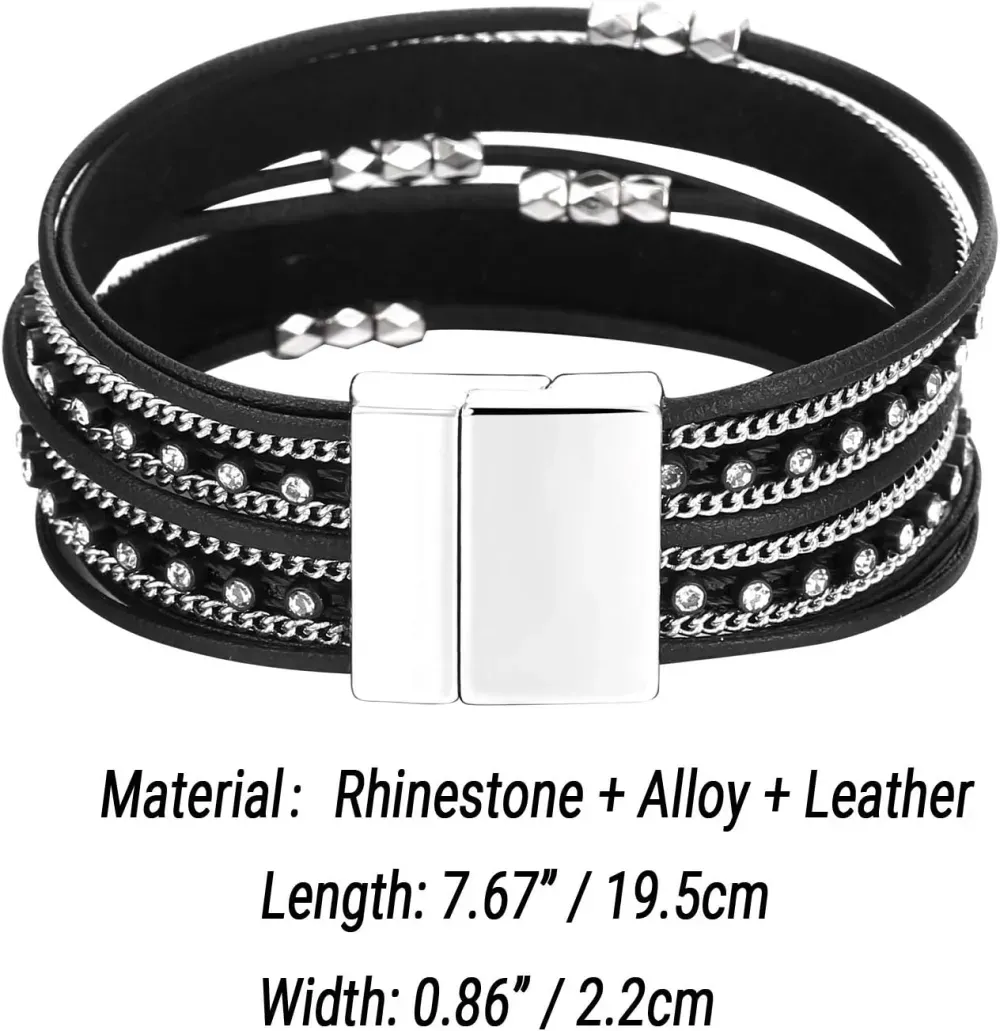 Fesciory Leather Wrap Bracelets for Women, Boho Leopard Multi-Layer Crystal Beads Cuff Bracelet Jewelry