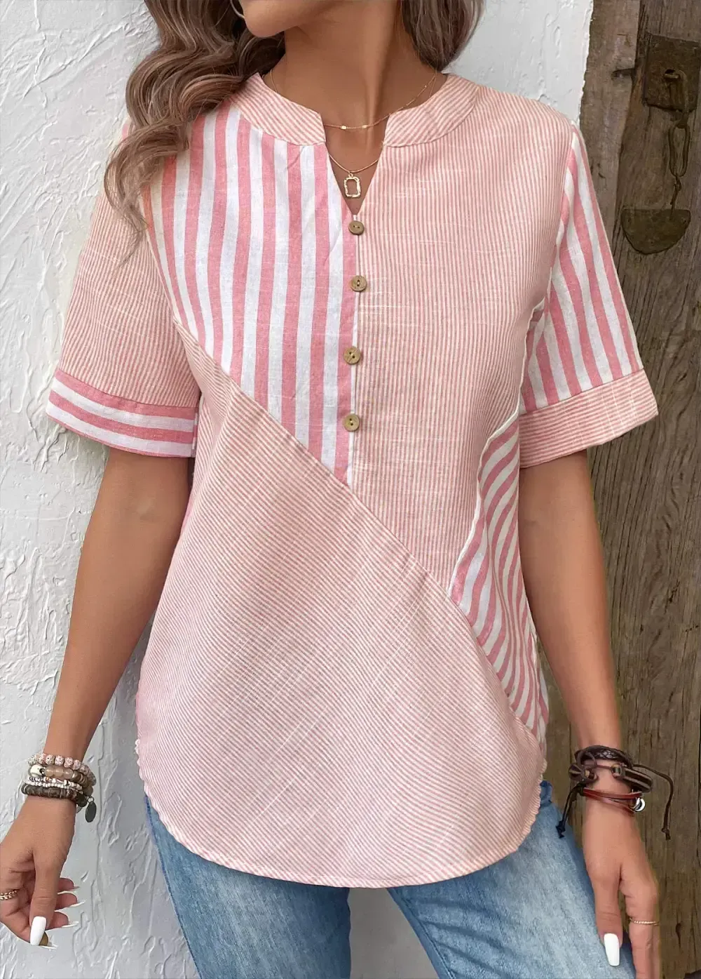Pink Patchwork Striped Short Sleeve Split Neck Blouse