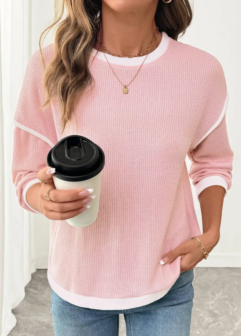 Pink Patchwork Long Sleeve Round Neck Sweatshirt