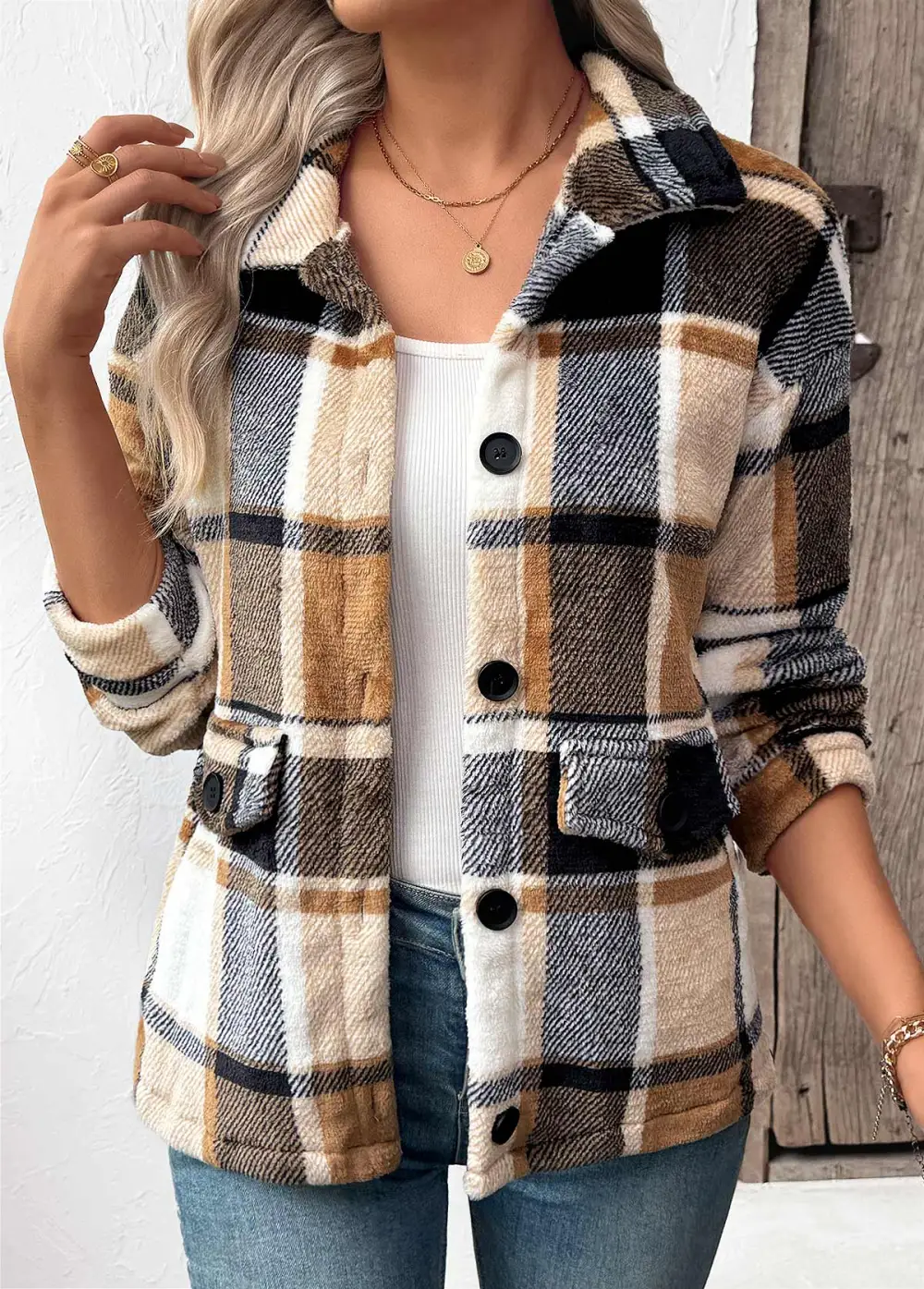 Light Camel Tummy Coverage Plaid Long Sleeve Coat