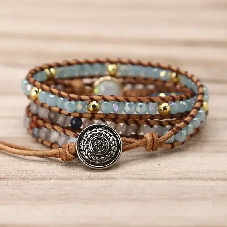 Healing Opal Protection Bracelet-Opal Stone Bead Meditation Bracelet-Natural Opal Moonstone Inspiring Bracelet-Leather Wrap Bracelet Gift