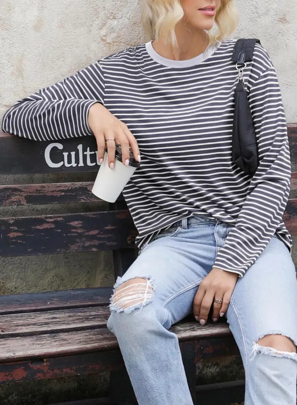 Dokotoo Women's Casual Striped Long Sleeve Tops Crew Neck Knit Ribbed Basic T Shirts