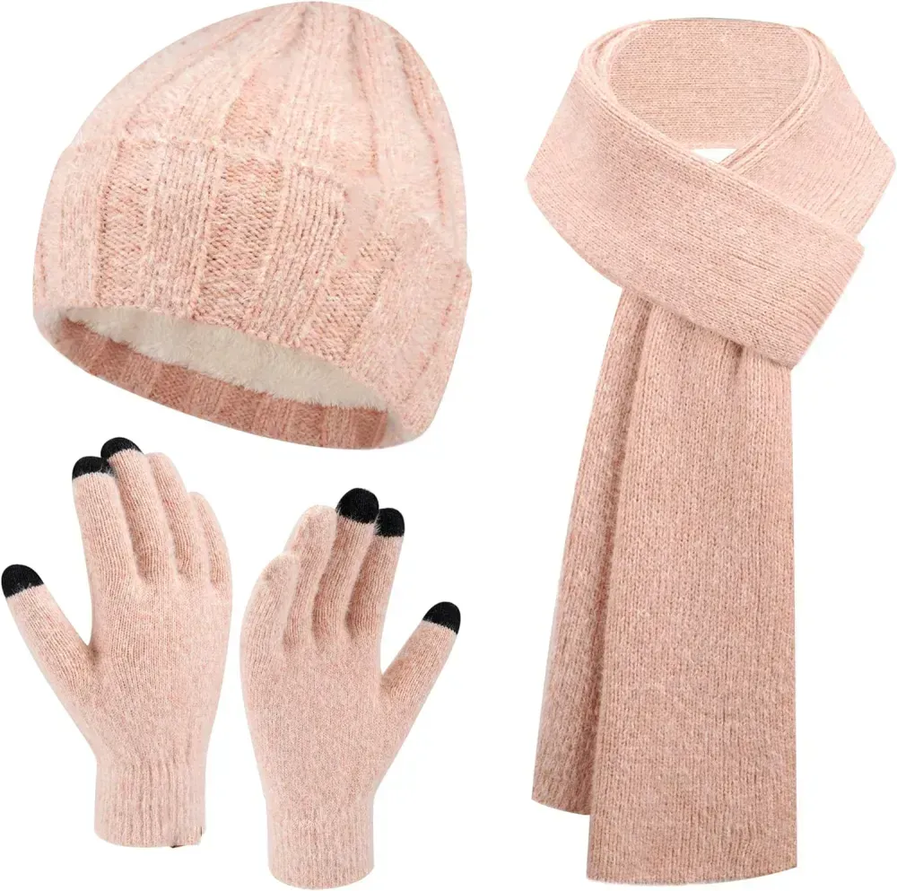 Womens Winter Warm Knit Beanie Hat Touchscreen Gloves Long Scarf Set with Fleece Lined Skull Caps Neck Scarves for Women Men