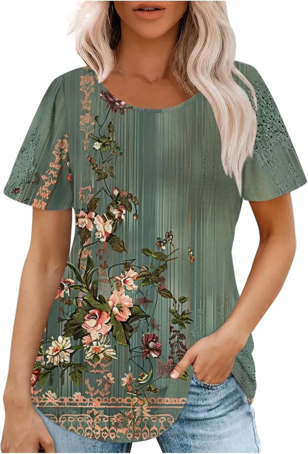 Womens Summer Pleated Front Shirts Tunics Casual Short Sleeved Loose Round Neck Boho Printed Tops Vacation Blouse