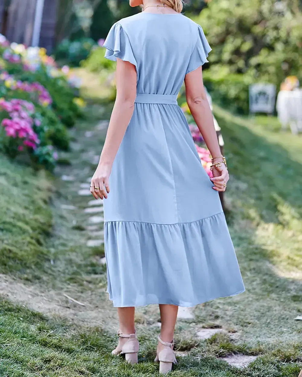 Women Summer Bohemian Floral Casual Wrap V Neck Ruffle Cap Sleeveless Belt A-Line Pleated Hem Swing Midi Sun Dress