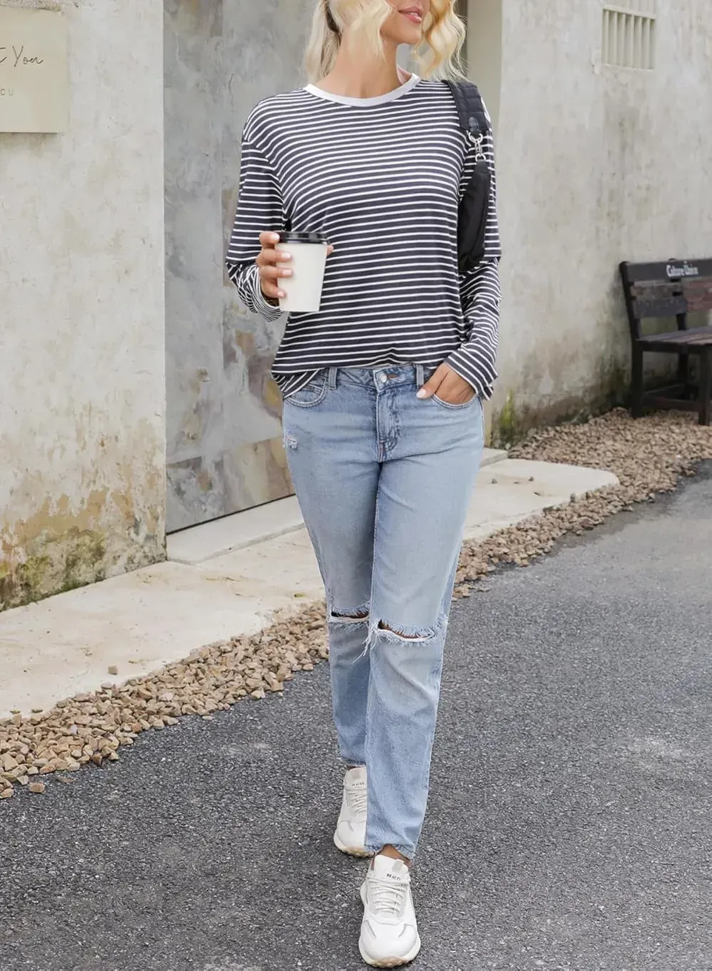 Dokotoo Women's Casual Striped Long Sleeve Tops Crew Neck Knit Ribbed Basic T Shirts