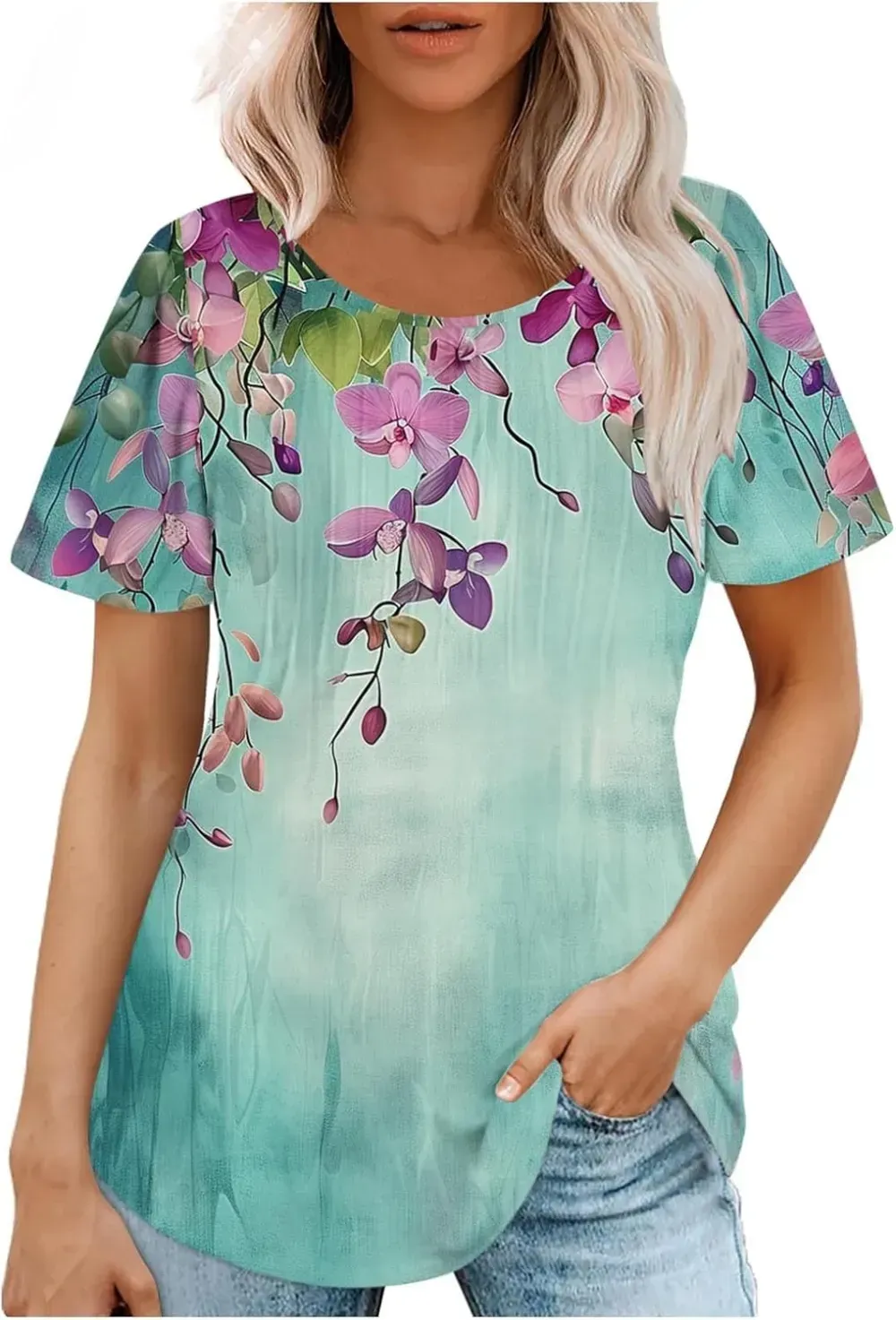 Womens Summer Pleated Front Shirts Tunics Casual Short Sleeved Loose Round Neck Boho Printed Tops Vacation Blouse