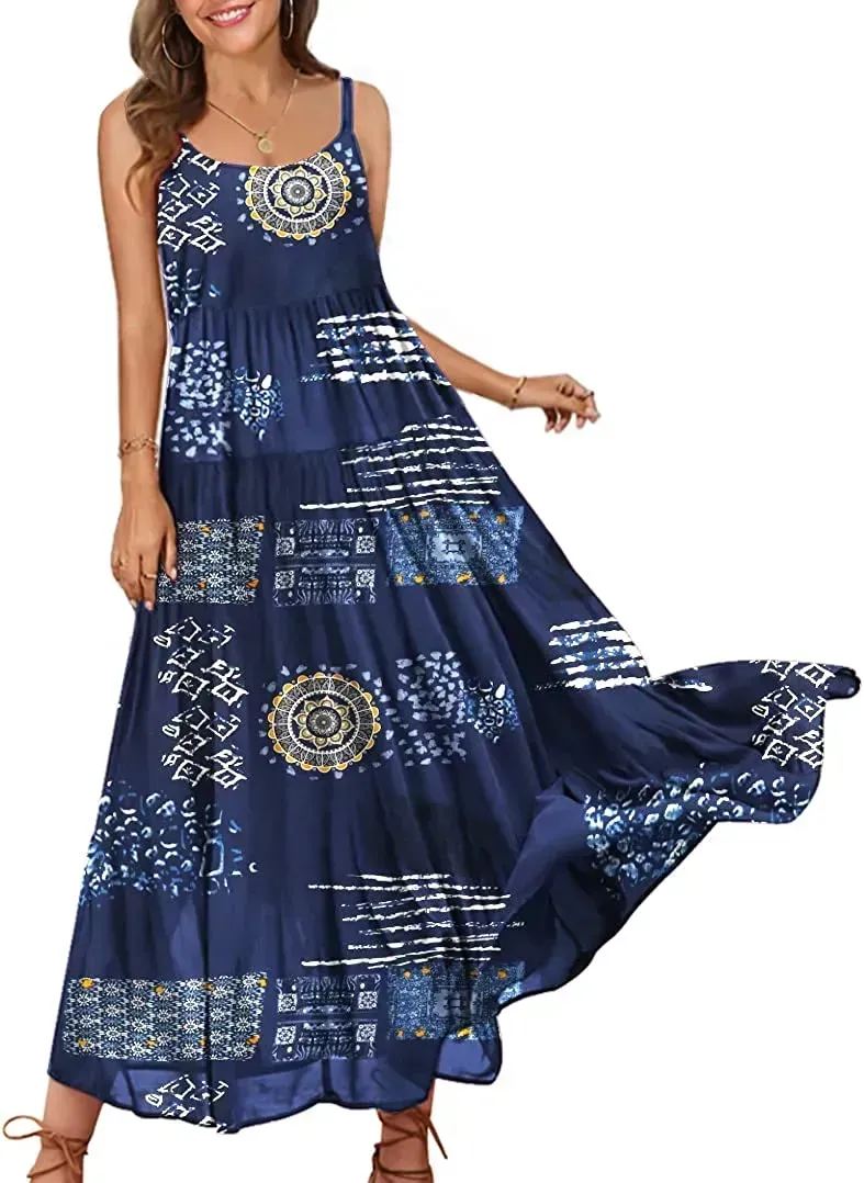 Summer Dresses for Women Casual Loose Bohemian Floral Dress with Pockets Spaghetti Strap Maxi Dress E75