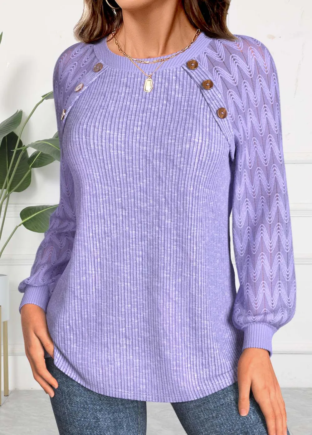 Light Purple Lace Long Sleeve Round Neck Sweatshirt