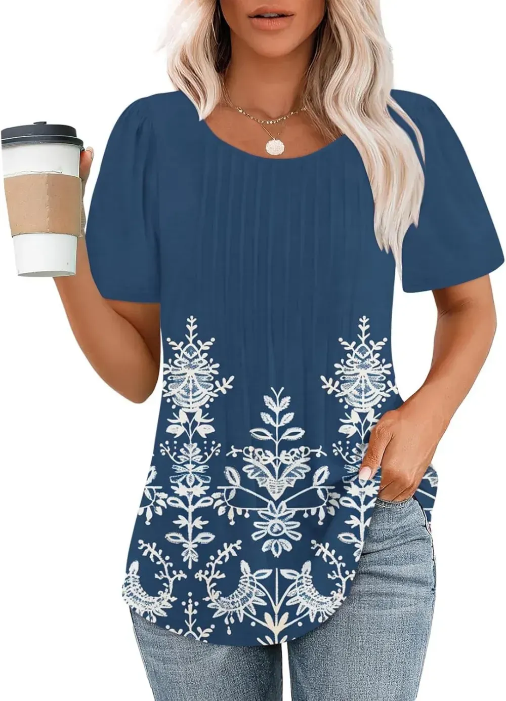 Womens Summer Pleated Front Shirts Tunics Casual Short Sleeved Loose Round Neck Boho Printed Tops Vacation Blouse