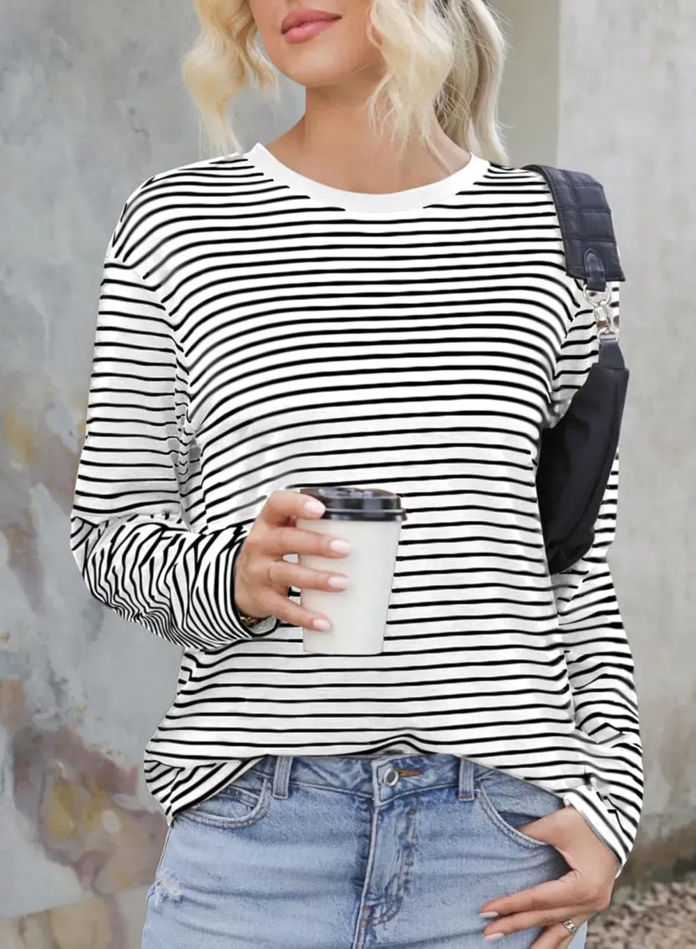 Dokotoo Women's Casual Striped Long Sleeve Tops Crew Neck Knit Ribbed Basic T Shirts