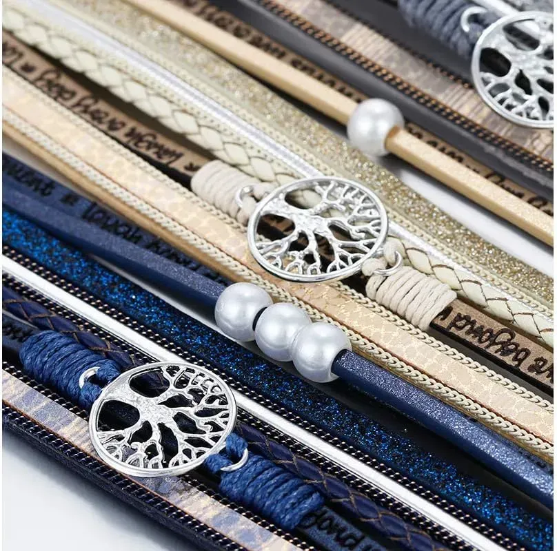 Fesciory Leather Wrap Bracelets for Women, Boho Leopard Multi-Layer Crystal Beads Cuff Bracelet Jewelry