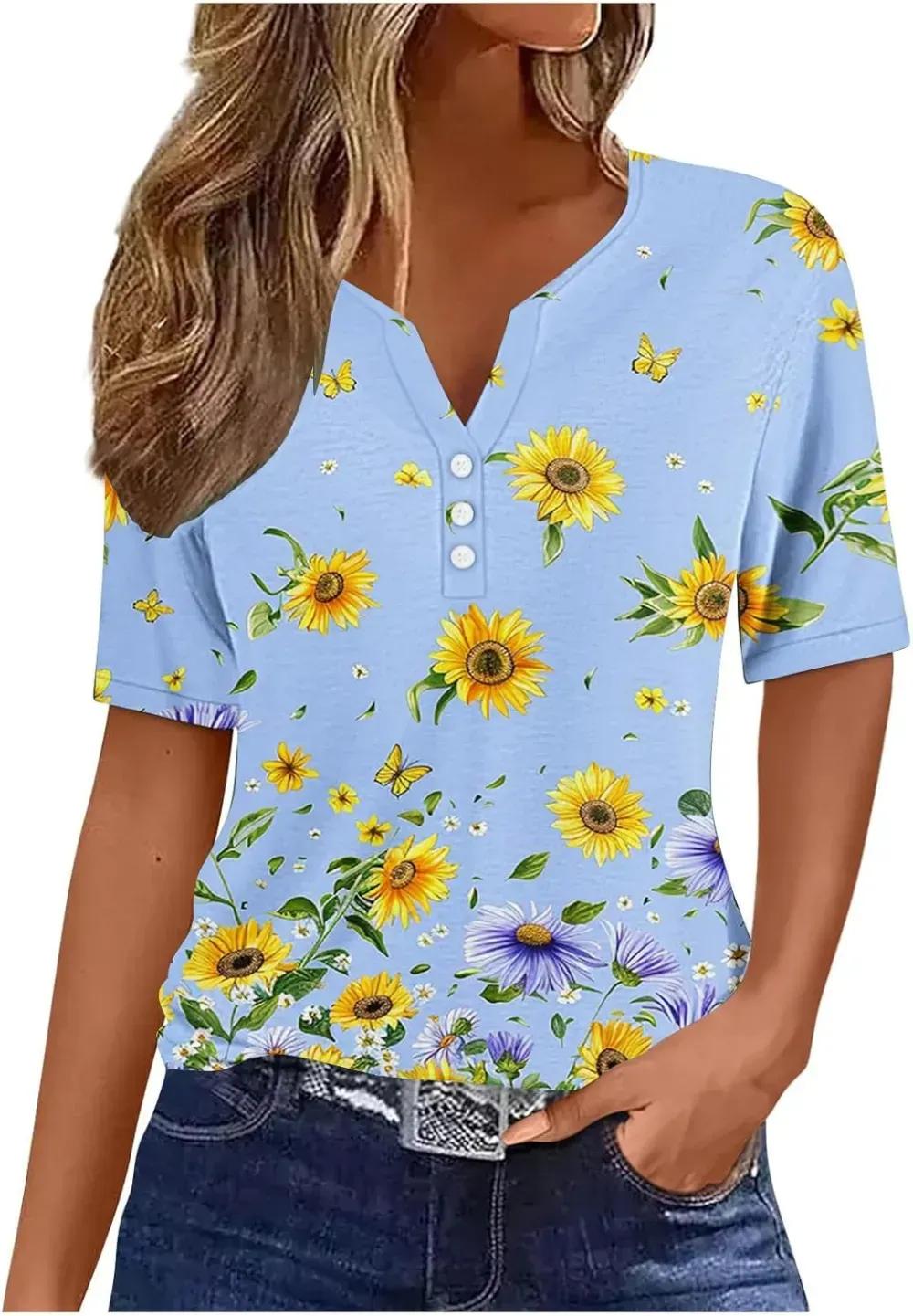 Shirts for Women Casual Printed Summer Tops Short-Sleeved Button V-Neck Tops Blouse Fashion Boho T-Shirts