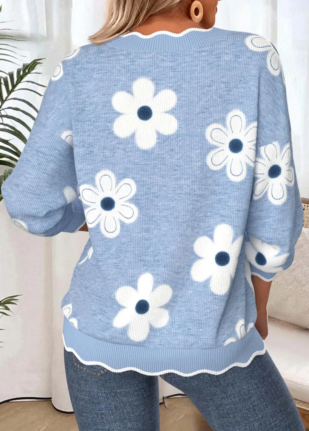 Dusty Blue Scalloped Hem Floral Print Long Sleeve Sweatshirt
