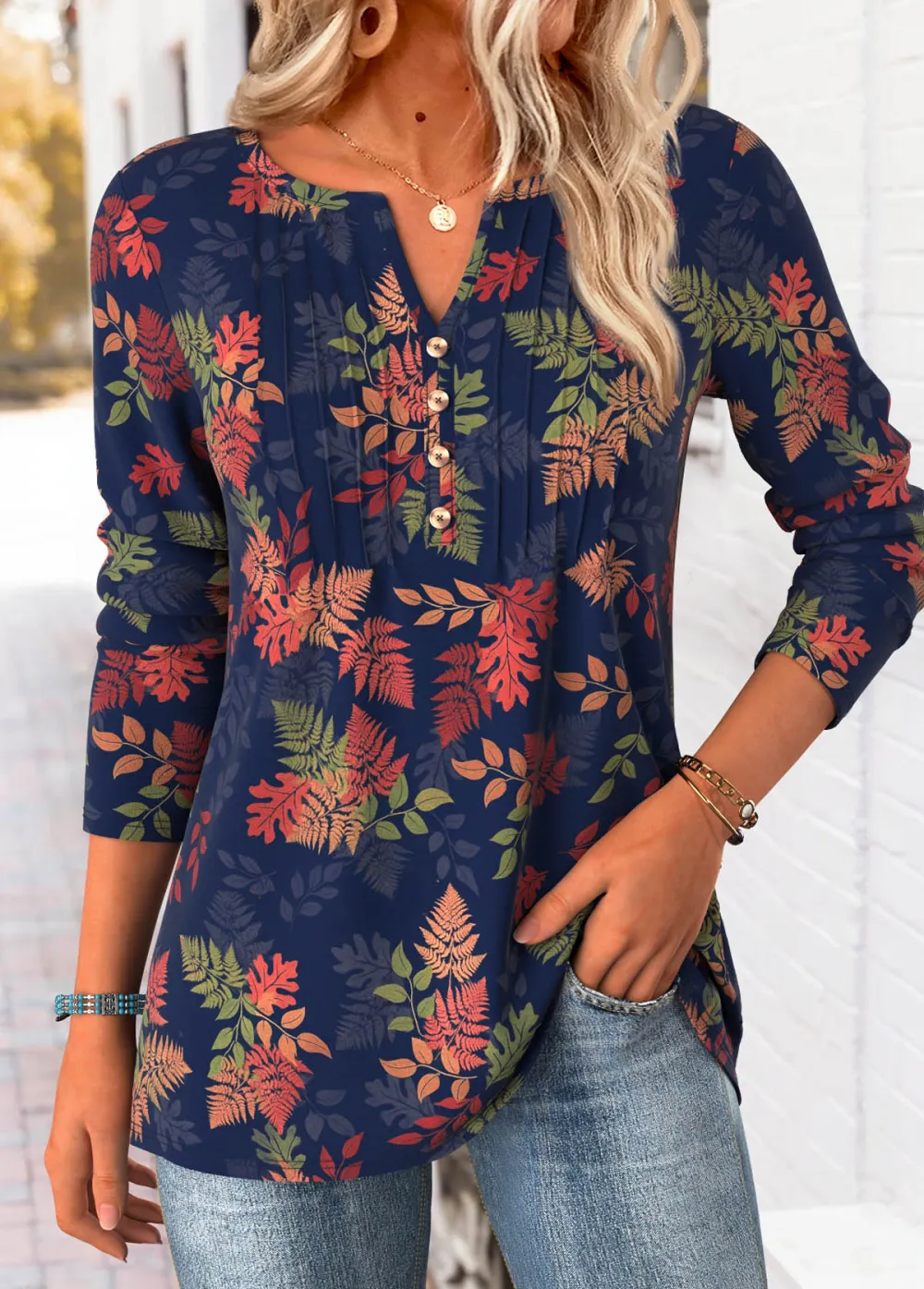 Navy Tummy Coverage Leaf Print T Shirt