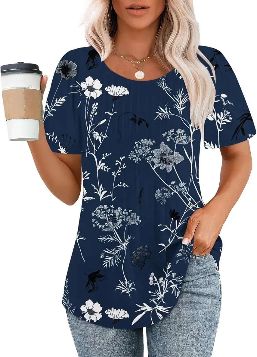 Womens Summer Pleated Front Shirts Tunics Casual Short Sleeved Loose Round Neck Boho Printed Tops Vacation Blouse