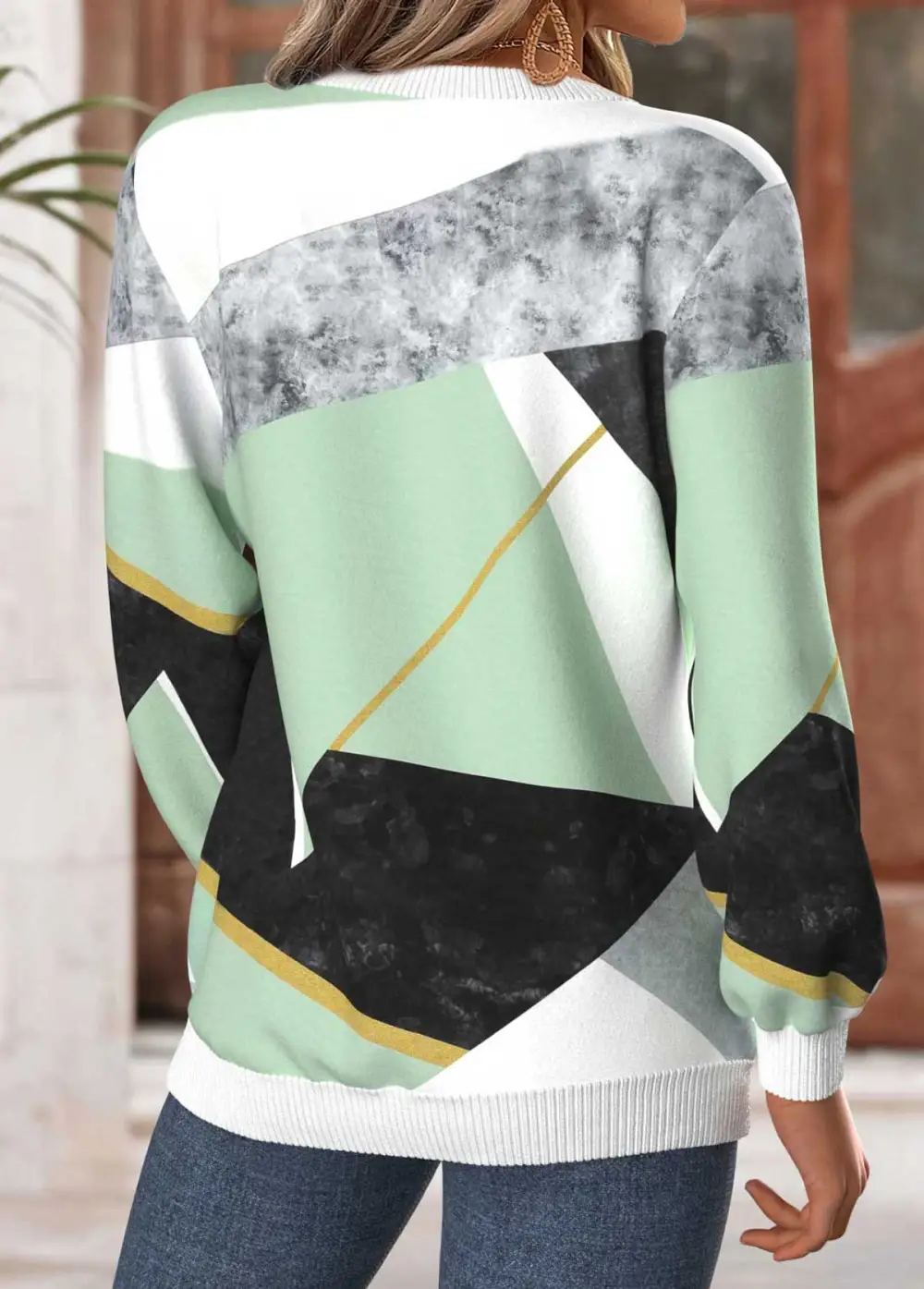 Mint Green Tummy Coverage Geometric Print Long Sleeve Sweatshirt