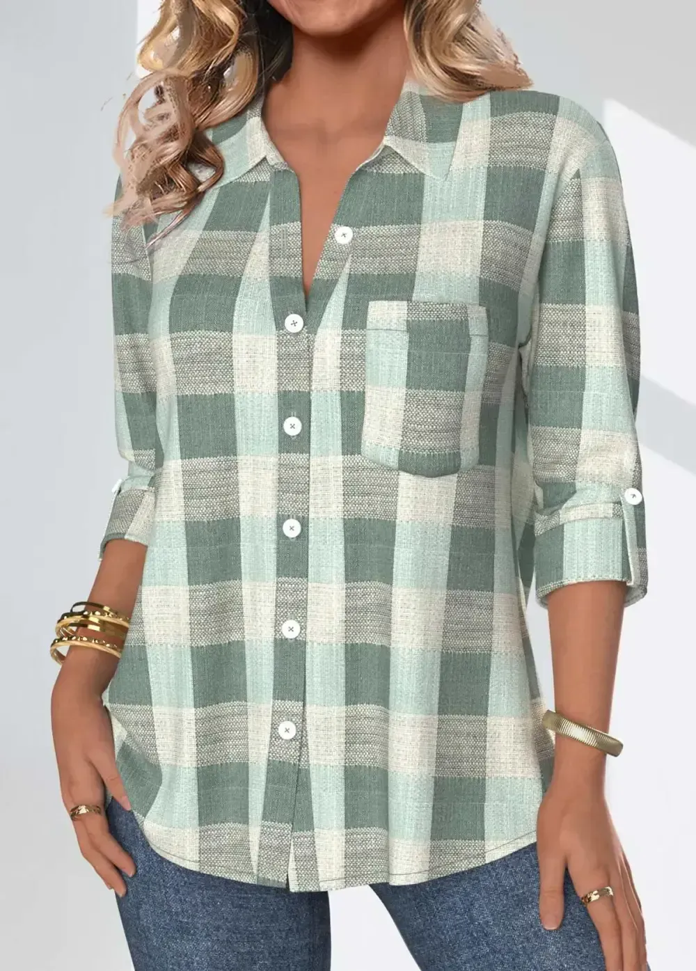 Sage Green Button Plaid Three Quarter Length Sleeve Blouse