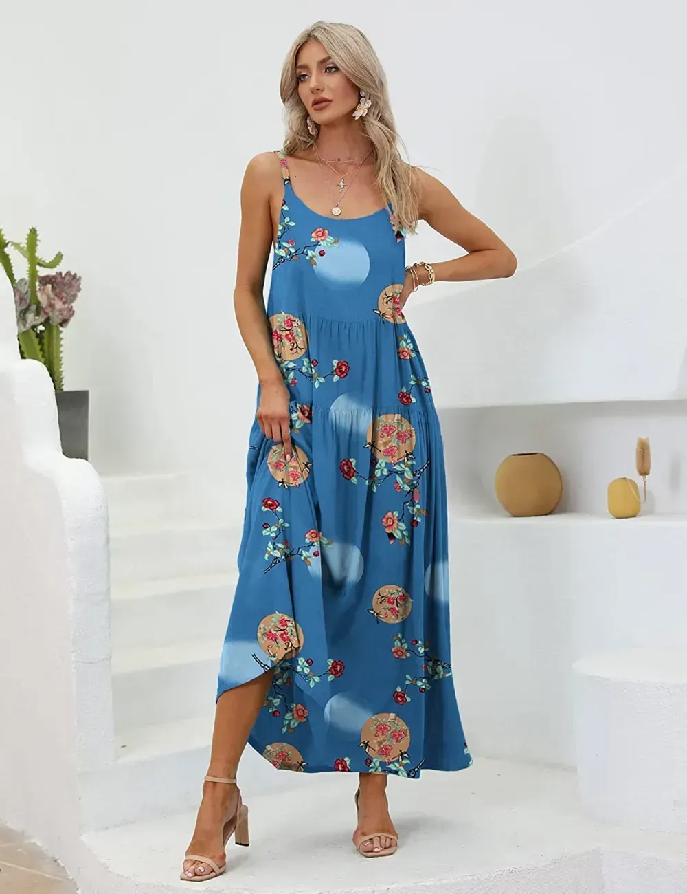 Summer Dresses for Women Casual Loose Bohemian Floral Dress with Pockets Spaghetti Strap Maxi Dress E75