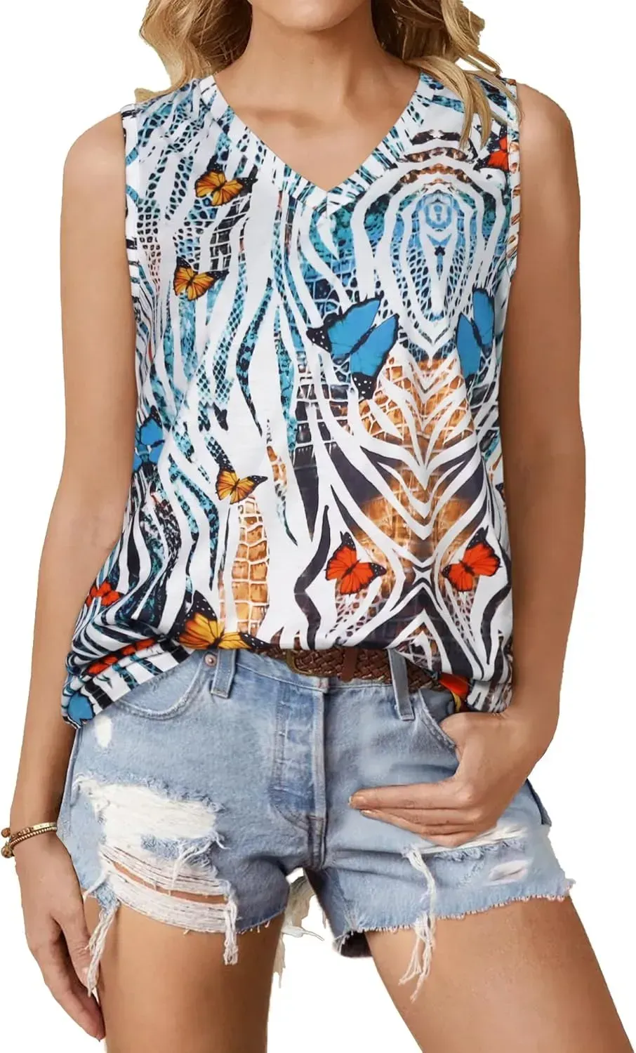 Summer Tops for Women Sleeveless V Neck Tshirt Loose Fit Casual Tank Tunic Blouse