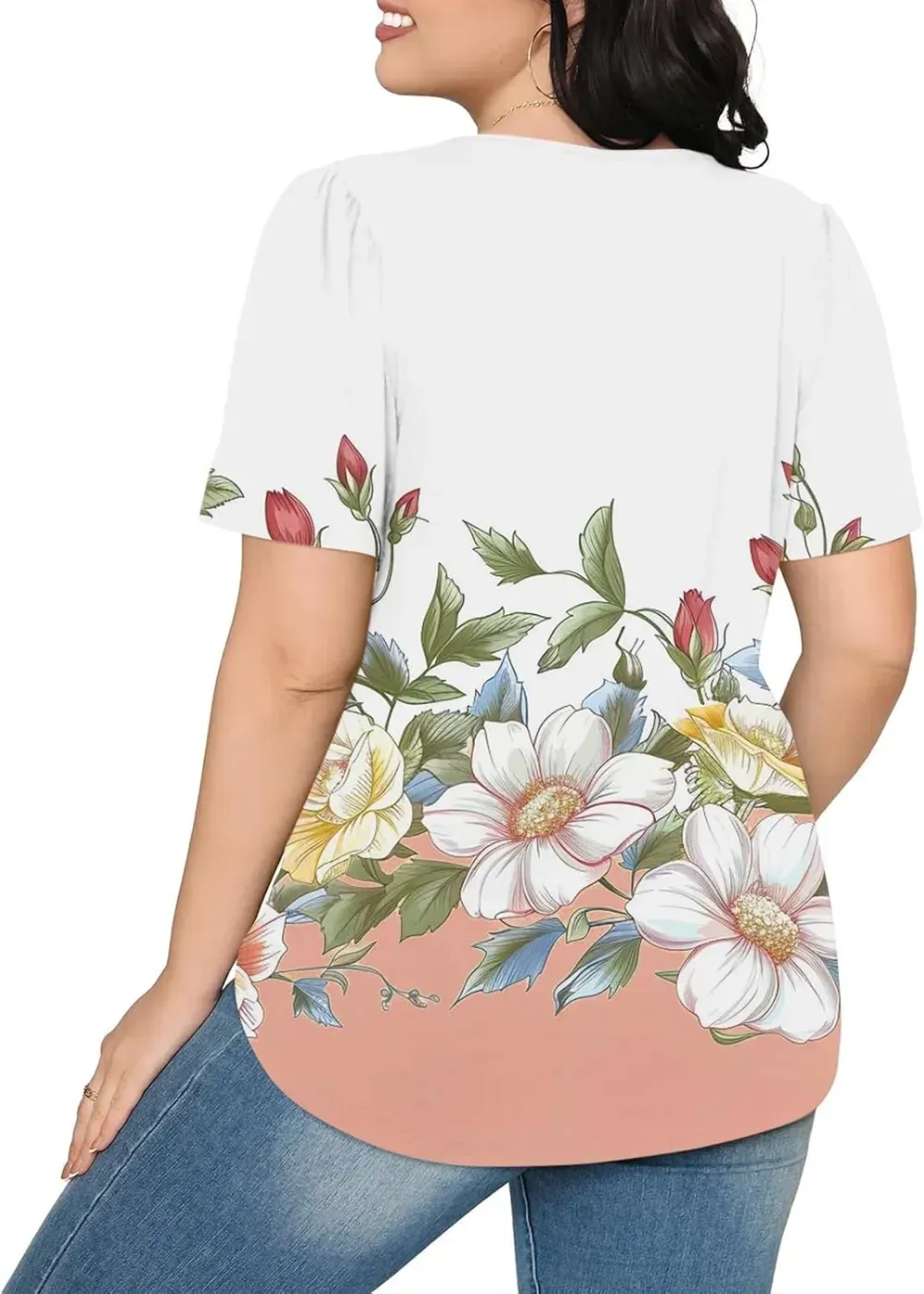 Womens Summer Pleated Front Shirts Tunics Casual Short Sleeved Loose Round Neck Boho Printed Tops Vacation Blouse