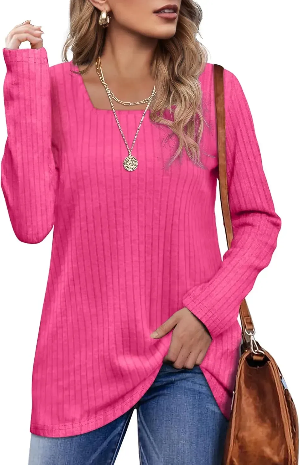 OFEEFAN Long Sleeve Shirts for Women Lightweight Crew Neck Casual Tunic Tops