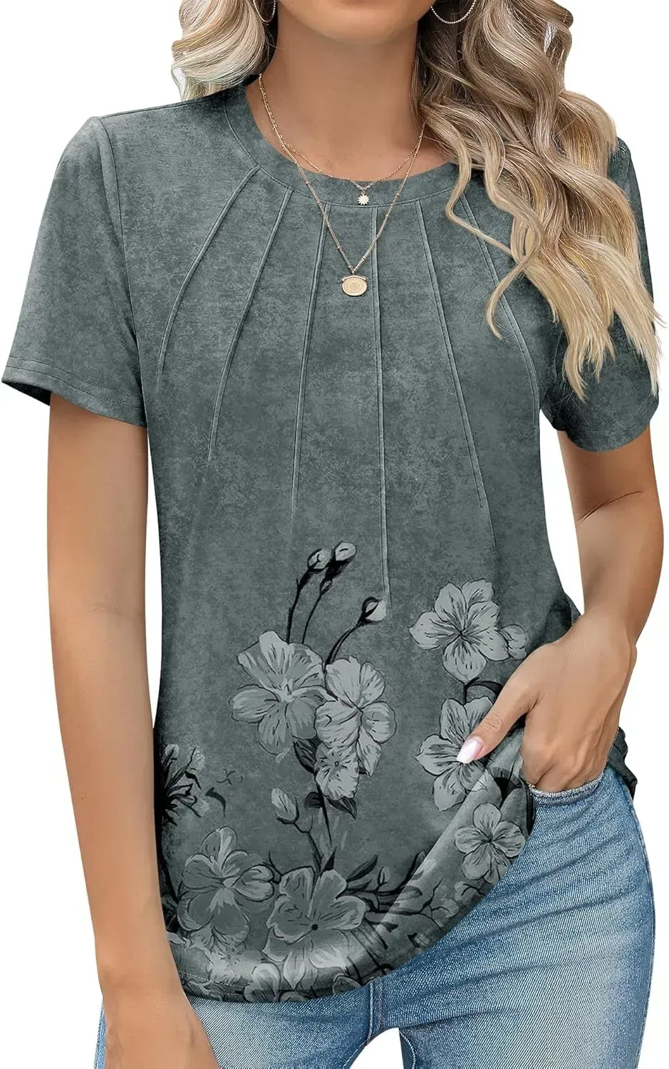 Kistore Womens Casual Crew Neck Short Sleeve Pleated Tops Blouses Fashion Clothes 2024