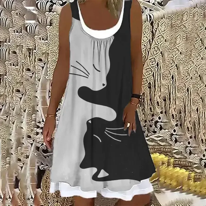 VChics Contrast Cat Print Casual Sleeveless Midi Dress